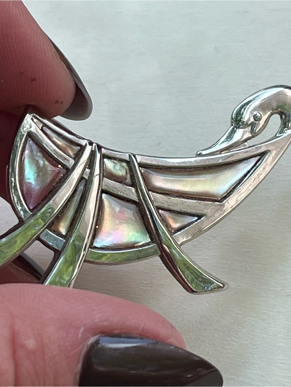 Vintage Silver-tone Swan Brooch with Iridescent Mother of Pearl Inlay Stamped